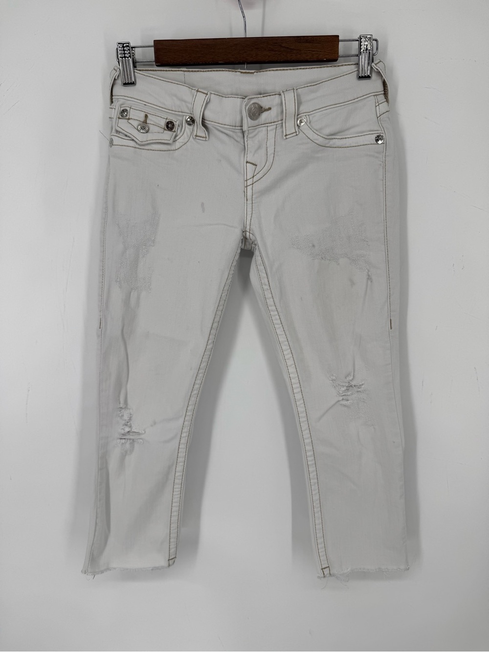 True Religion White Distressed Y2K Crop Capri Jeans Low Rise Edgy Grunge Size 26